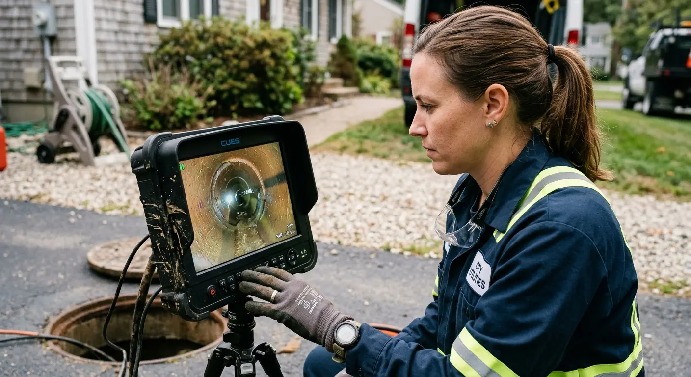 Technician reviewing sewer camera inspection footage in Abbeville