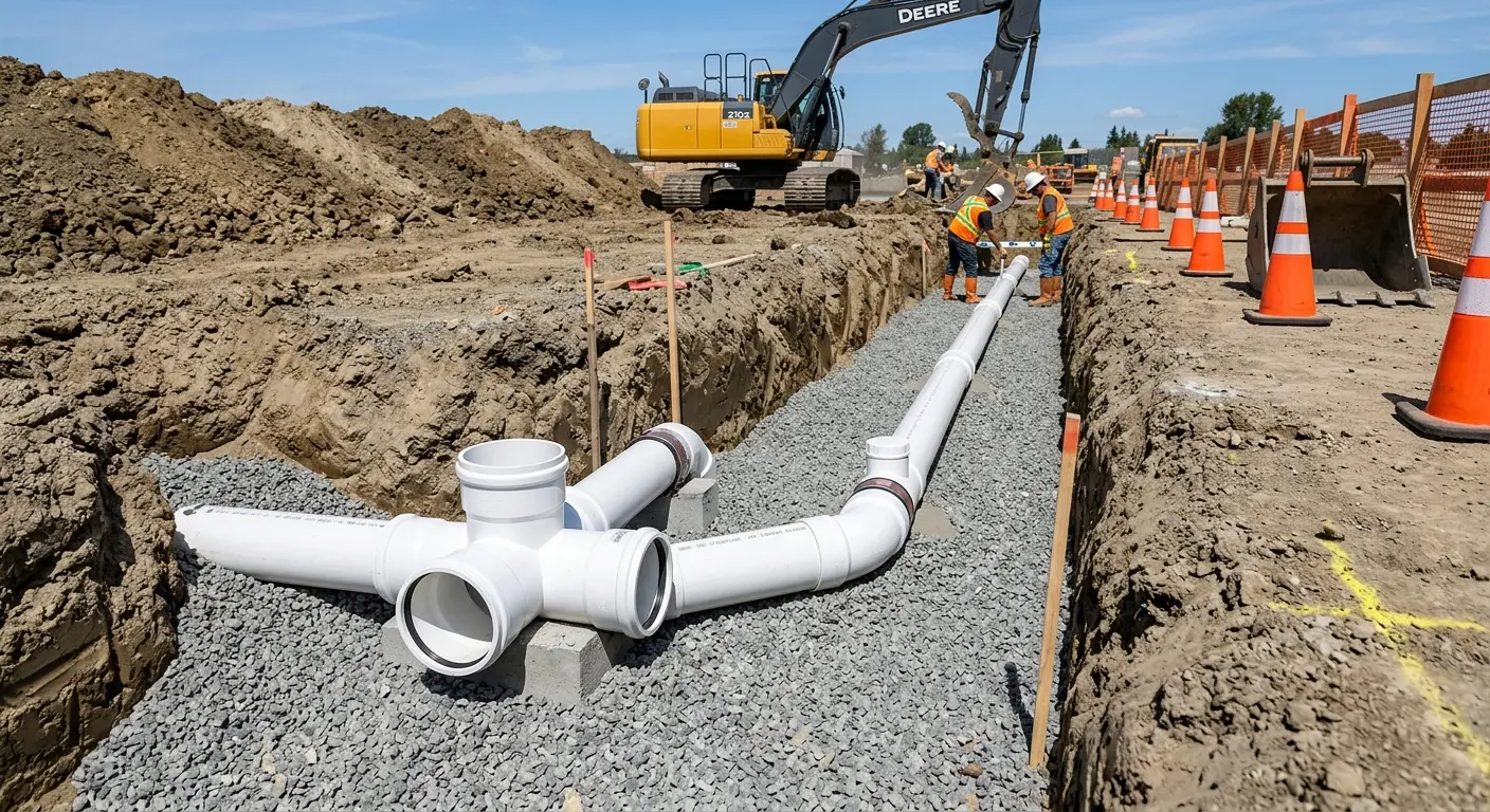 New PVC sewer pipe installation in open trench for Commercial Drain Cleaning in Abbeville