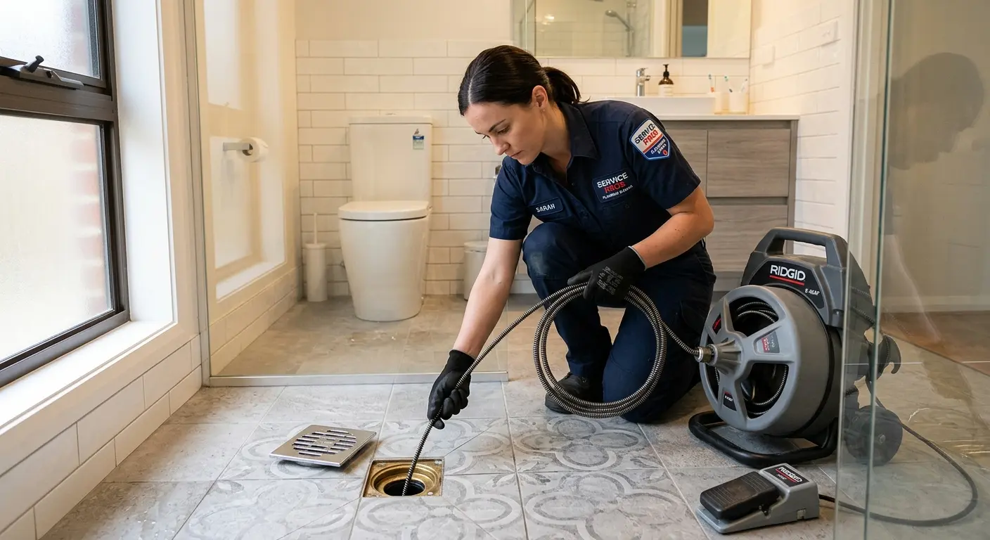 Technician clearing a bathroom floor drain for Hydro Jetting in Abbeville